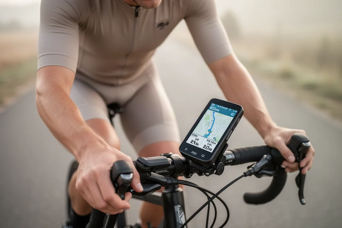Rowerzysta sprawdzający komputer rowerowy GPS na kierownicy podczas jazdy
