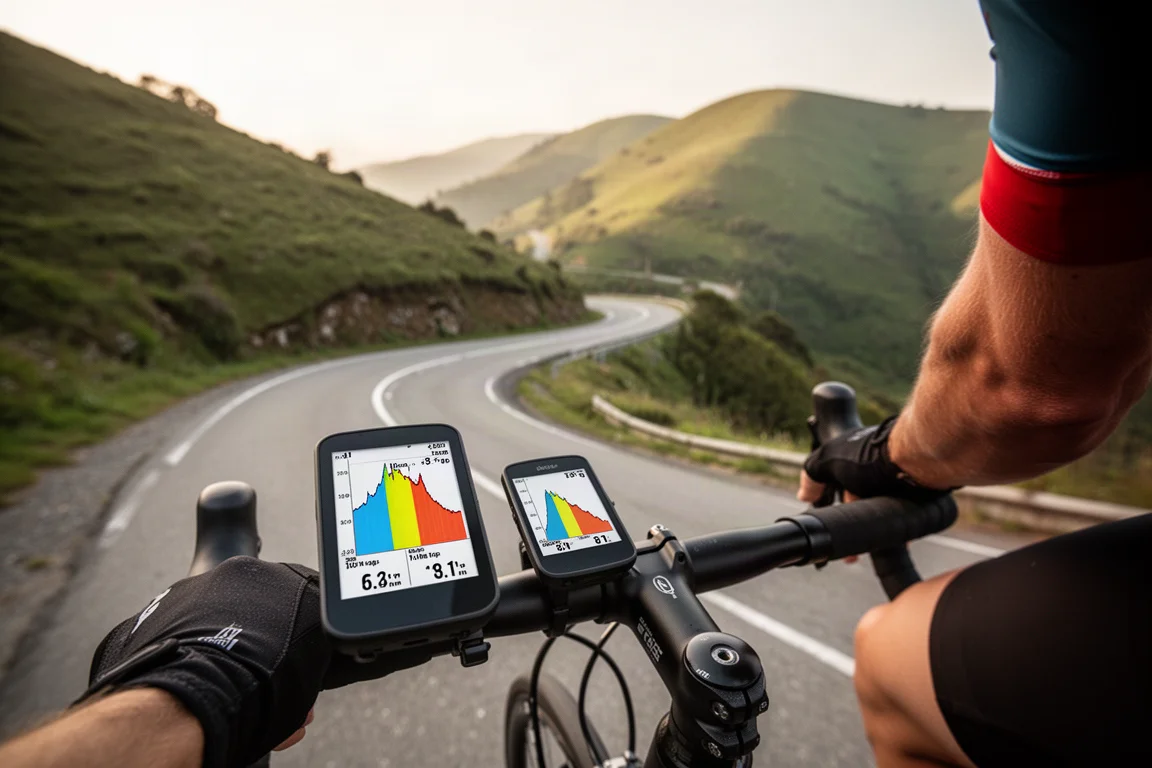 Rowerzysta wspinający się na wzgórze z komputerem rowerowym pokazującym profil nachylenia