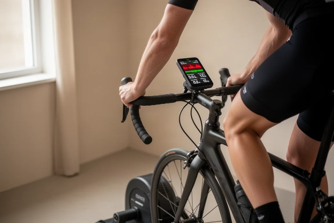 Rowerzysta trenujący w pomieszczeniu z komputerem rowerowym wyświetlającym dane tętna i mocy