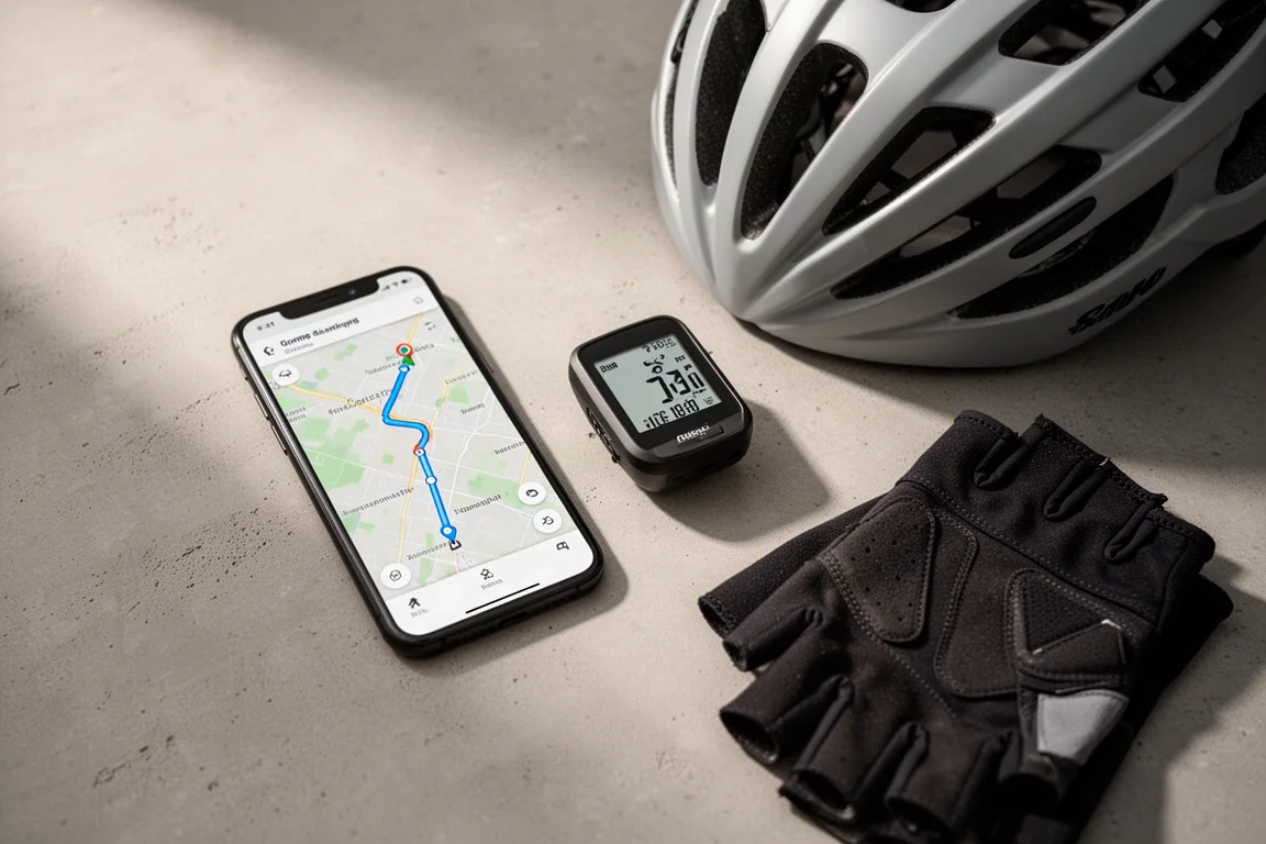 Rowerzysta planujący trasę na smartfonie obok komputera rowerowego na stole