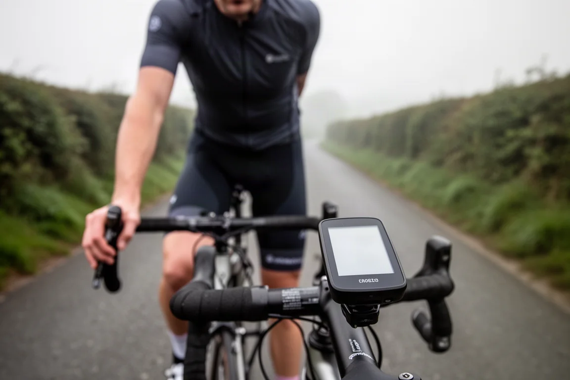 Radfahrer prüft einen am Lenker montierten GPS-Computer auf einer ruhigen Landstraße
