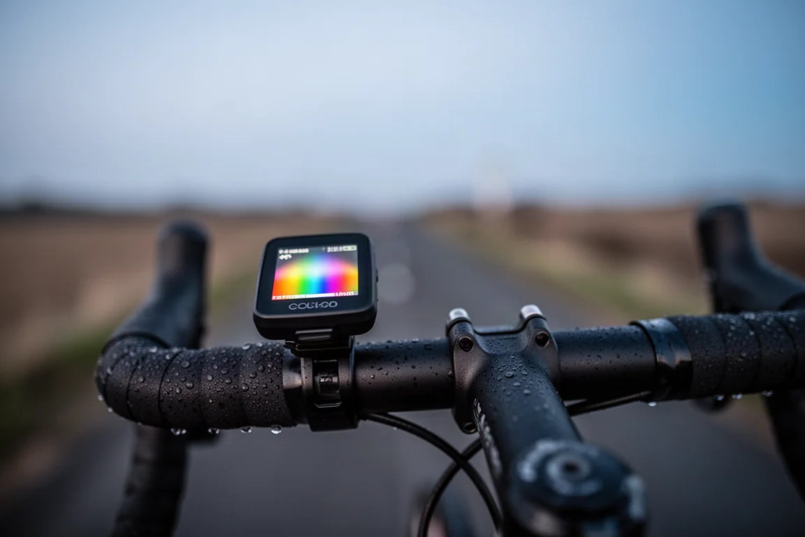 Nahaufnahme eines farbigen Fahrradcomputer-Displays, das im Morgengrauen am Lenker leuchtet