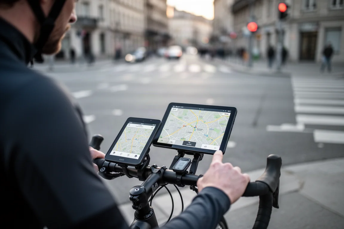 Fahrer studiert eine detaillierte Karte auf einem großen Touchscreen-Fahrradcomputer