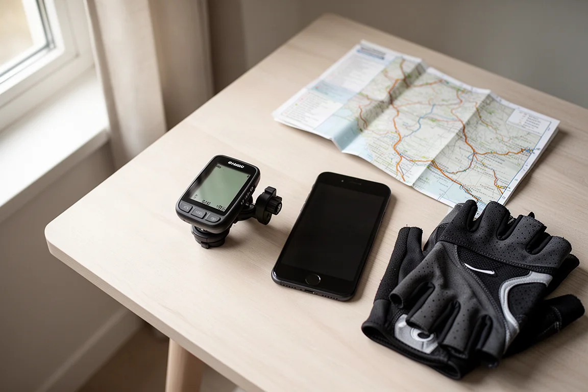 Fahrradcomputer und Smartphone liegen nebeneinander auf einem Holztisch