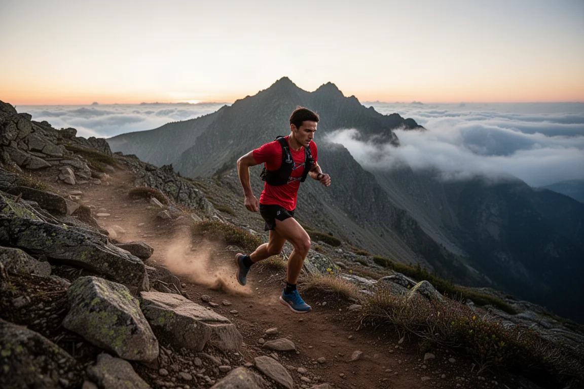Trail runner subindo uma trilha de montanha rochosa ao entardecer