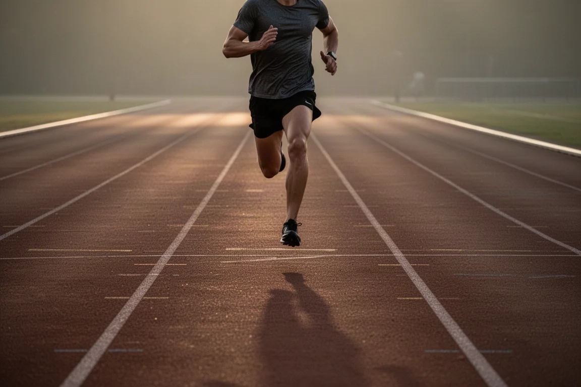 Corredor fazendo intervalos em uma pista de atletismo sob pouca luz no fim da tarde