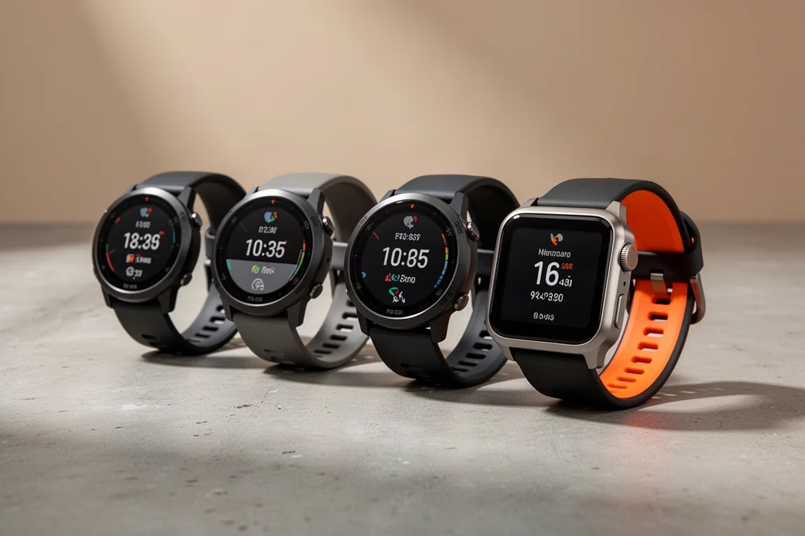 A row of GPS running watches and a smartwatch on a concrete surface