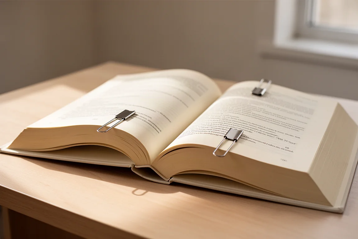 Livre ouvert tenu à plat avec de petits marque-pages métalliques clipsés sur les pages