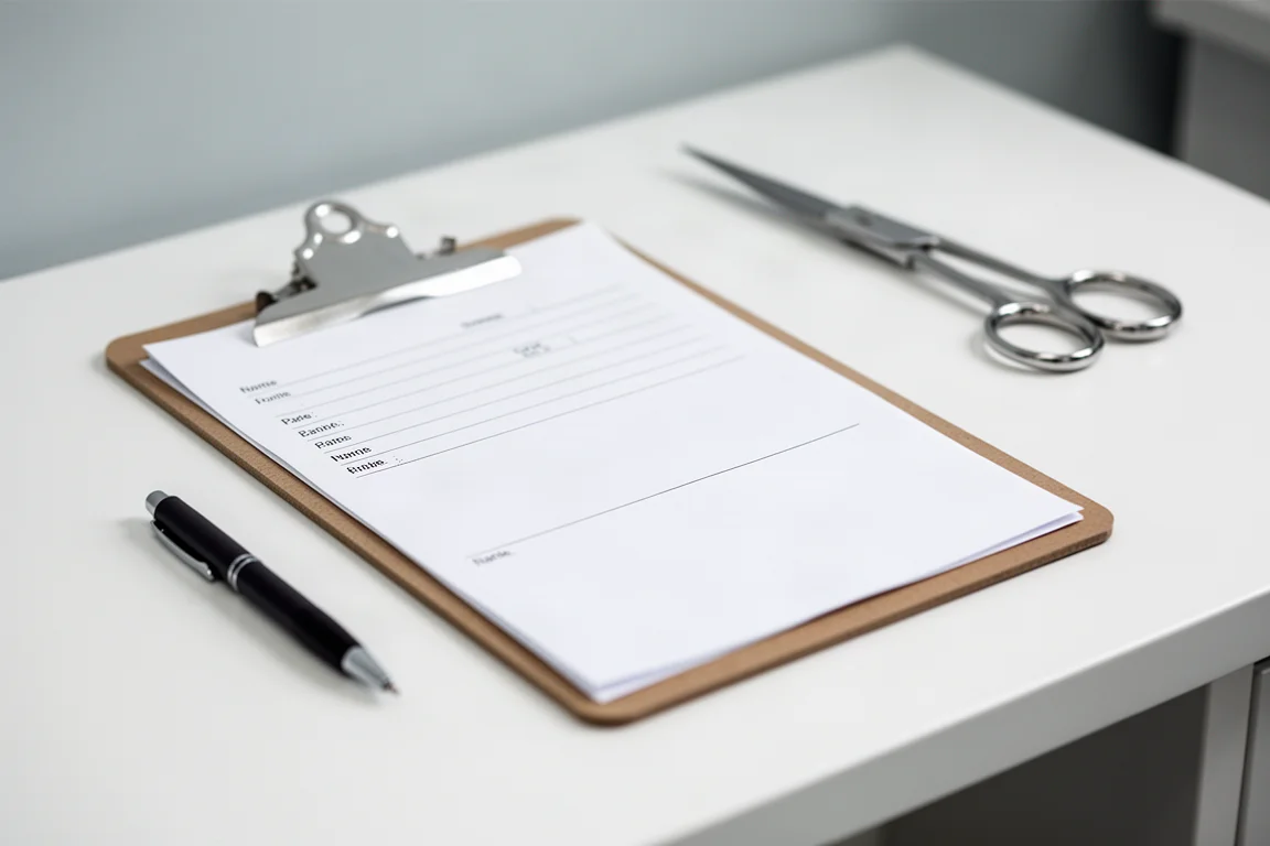Presse-papiers avec des documents posés sur un bureau clinique à côté d'un stylo