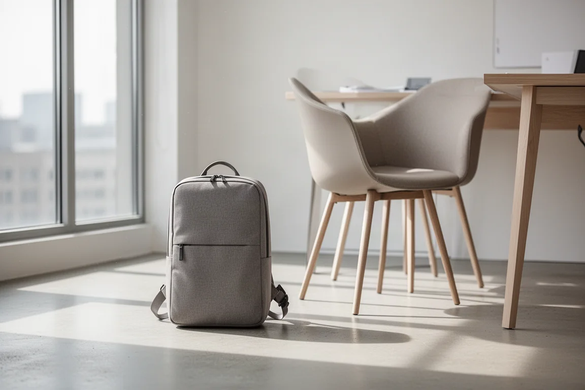 Sac à dos fin debout sur le sol d'un bureau à côté d'une chaise de bureau