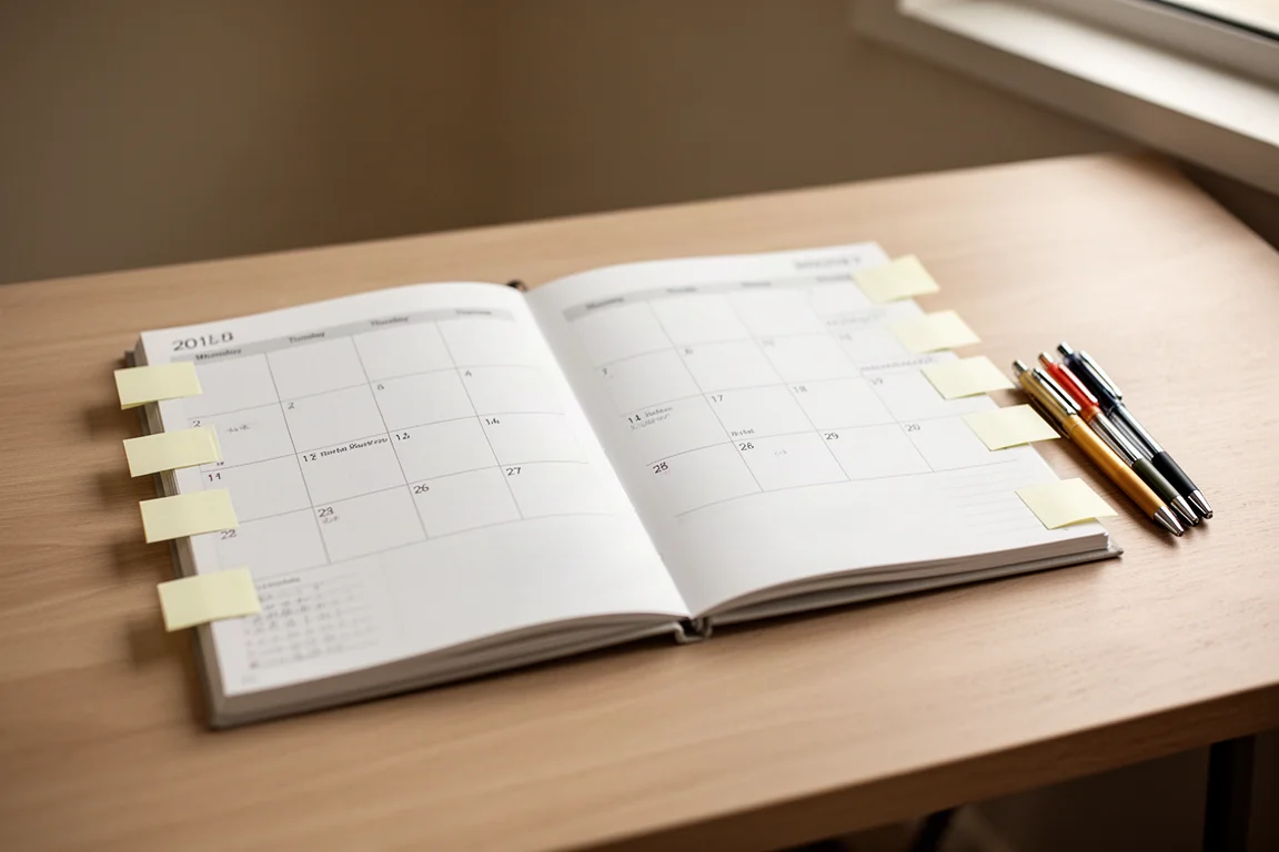 Agenda mensuel ouvert sur un bureau avec des post-it marquant des dates