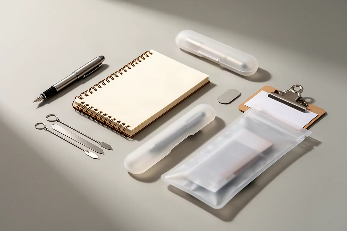 Flat arrangement of stationery gift items including pens, notebooks, and pouches on a grey desk
