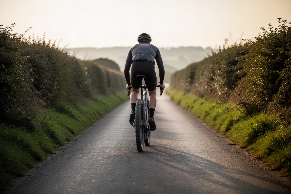 Ciclista de gravel em uma bike de guidão drop e pneus largos por uma estrada rural tranquila