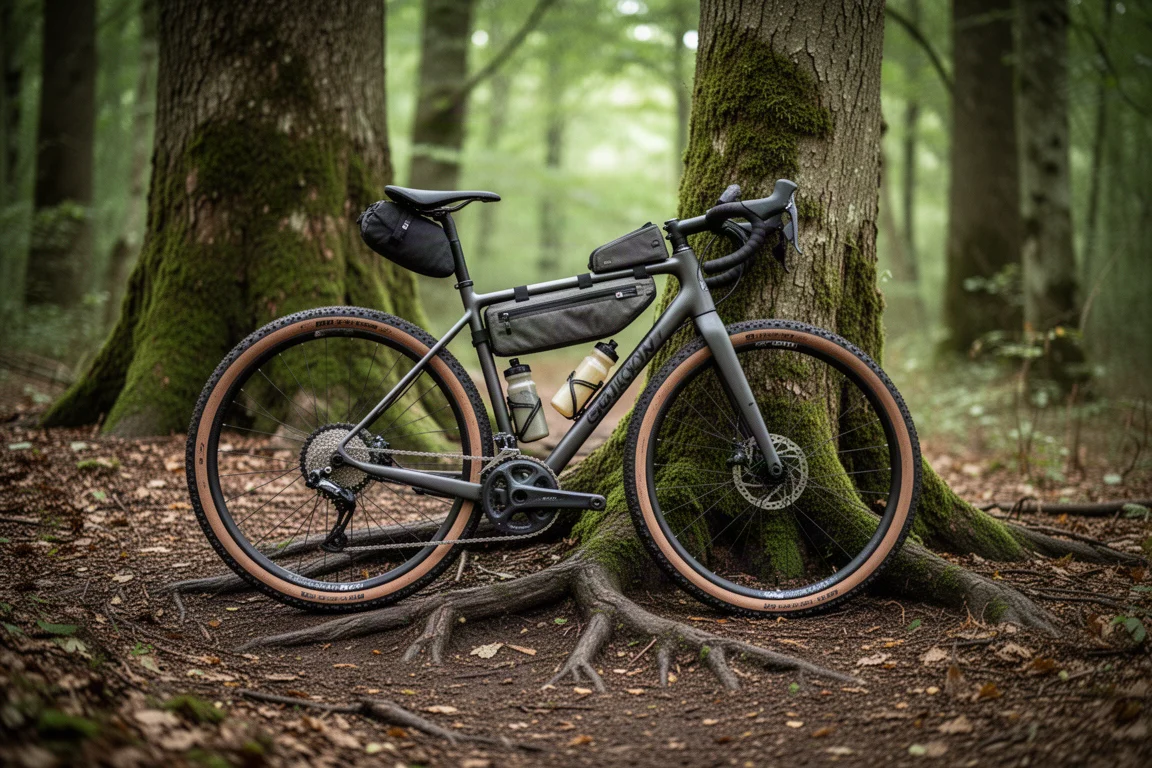 Gravel bike apoiada contra uma árvore em trilha na floresta com bolsas de bikepacking