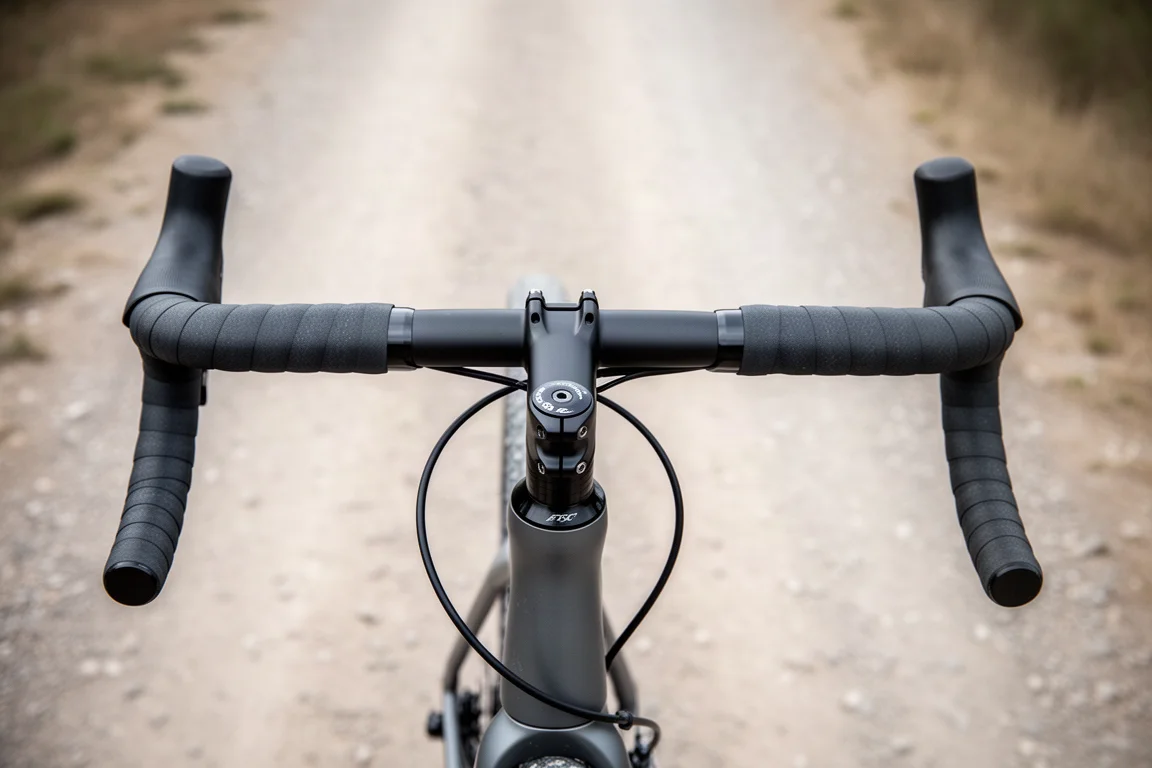 Close no cockpit de uma gravel bike com guidão drop flared e cabos internos