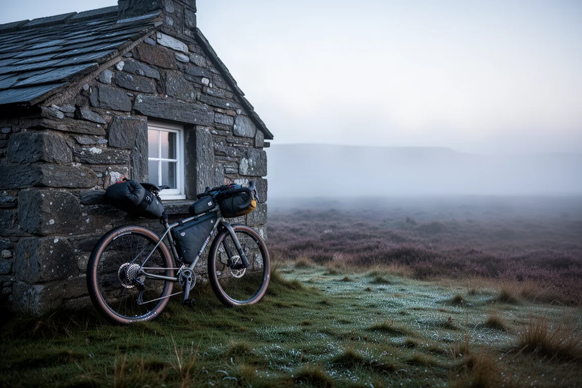Gravel bike carregada estacionada ao lado de um abrigo ao amanhecer após uma pernoite de bikepacking