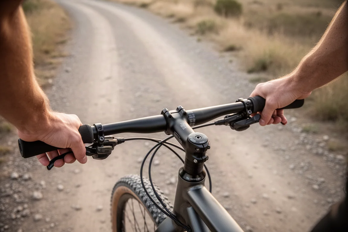 Gravelcykelns styre med dämpningsstam, cyklistens händer på reglagen