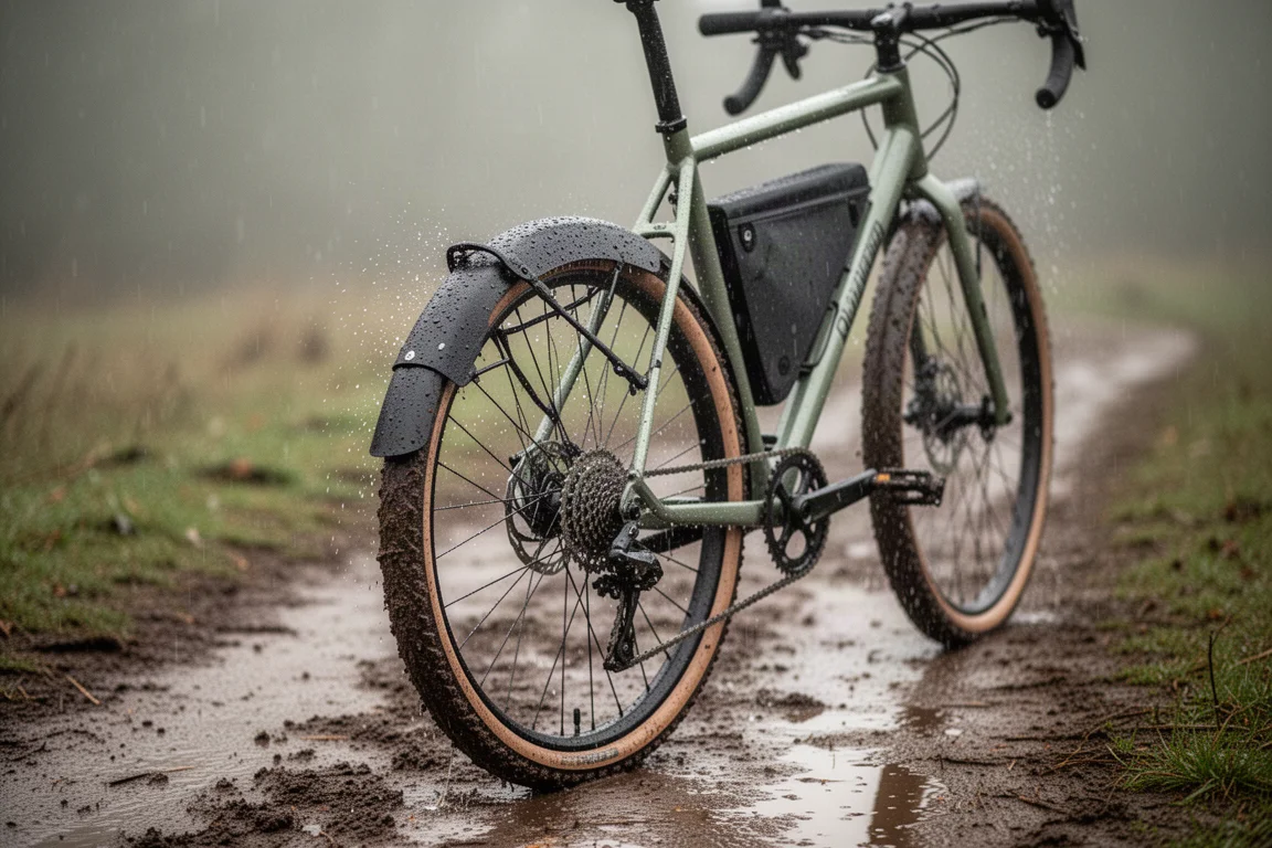 Bakhjul på gravelcykel med liten stänkskärm på våt lerig stig