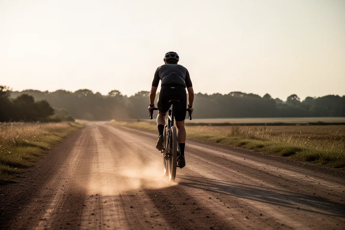 Water spray rising behind a gravel bike wheel on a wet lane