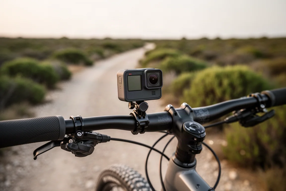 Large cycling computer mounted on gravel bike handlebars above a blurred road