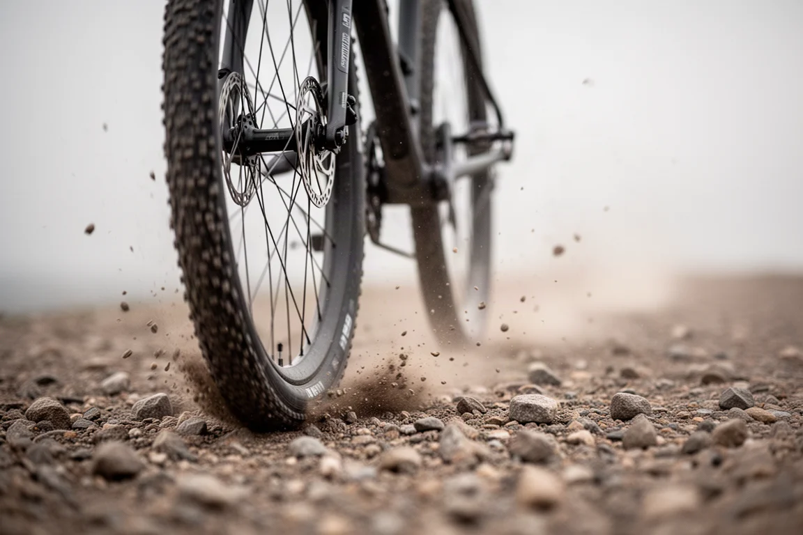 Flat lay of gravel bike components and tools on a wooden workshop bench
