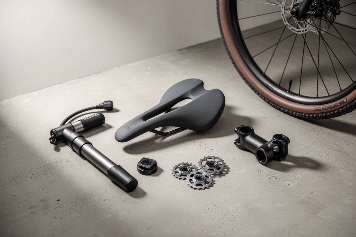 Gravelbike-onderdelen waaronder een verende voorvork, stuurpen, spatbord en fietscomputer op beton