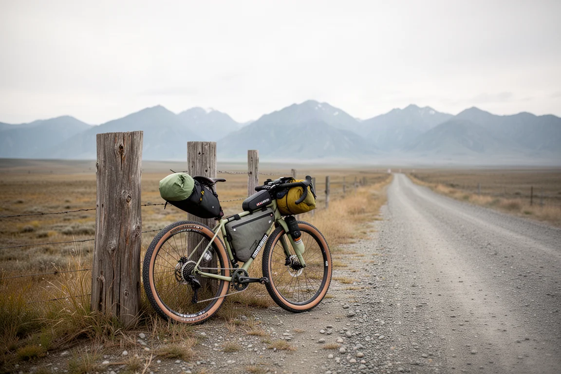 広大な景色の中でフェンスの支柱にもたれた、荷物を積んだバイクパッキング用グラベルバイク