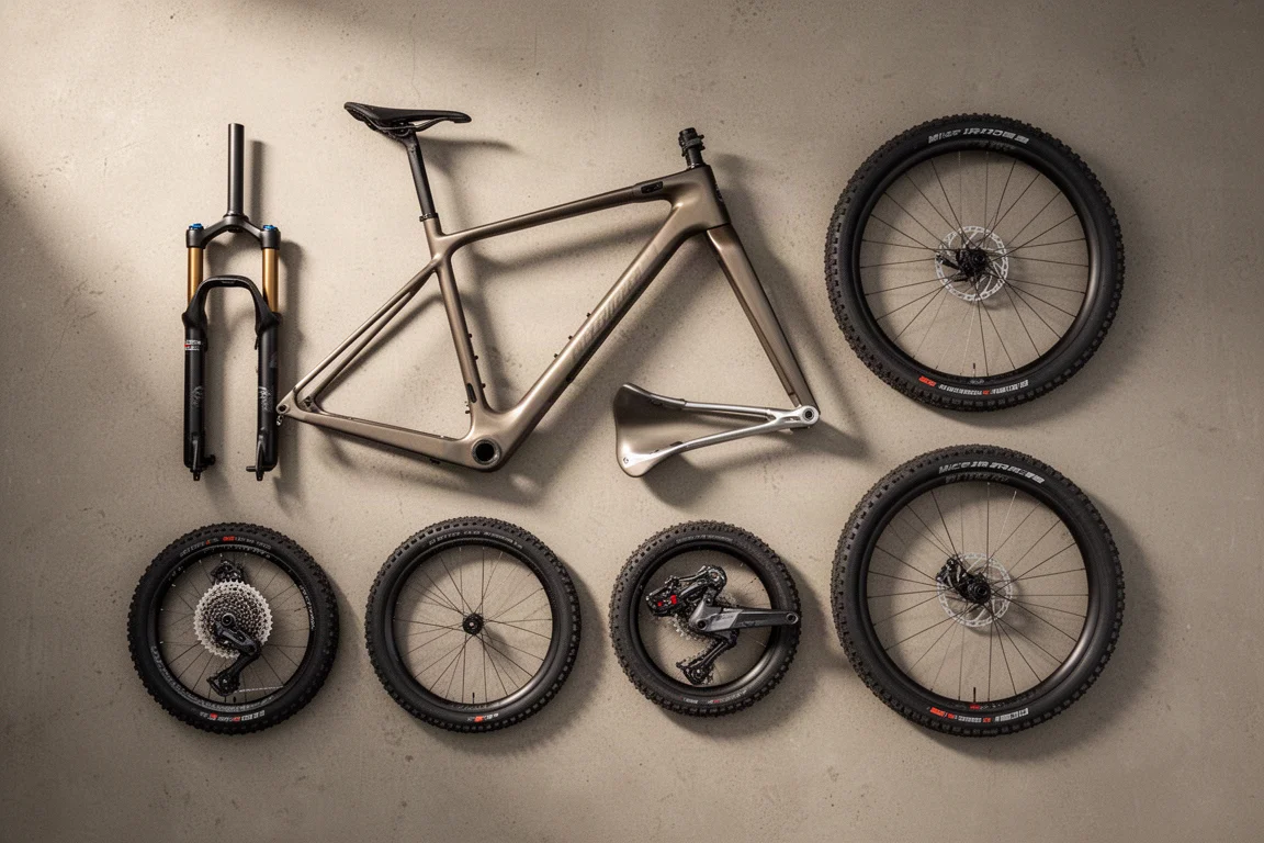 Composizione flat-lay di componenti gravel bikepacking su una superficie in cemento