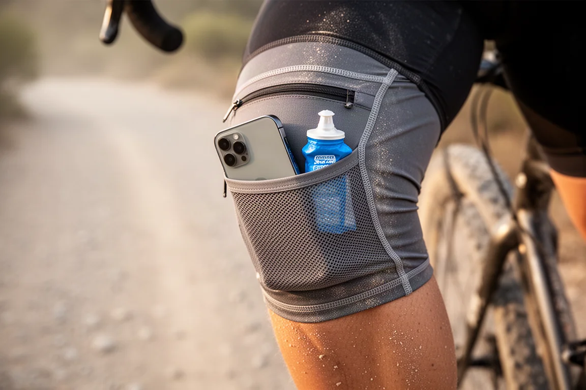 Cyklistens benficka på cargo-bibshorts som håller en telefon på en dammig stig