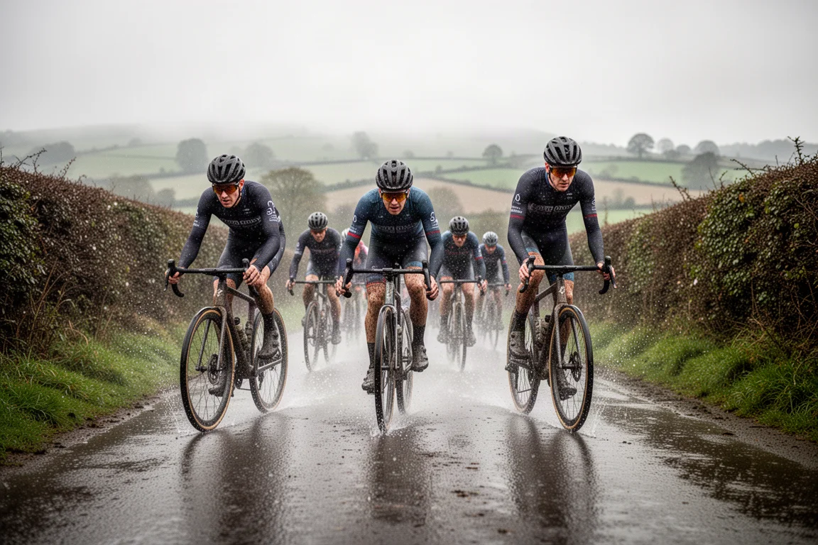 Gravelfietsers op een natte landweg in zacht ochtendlicht