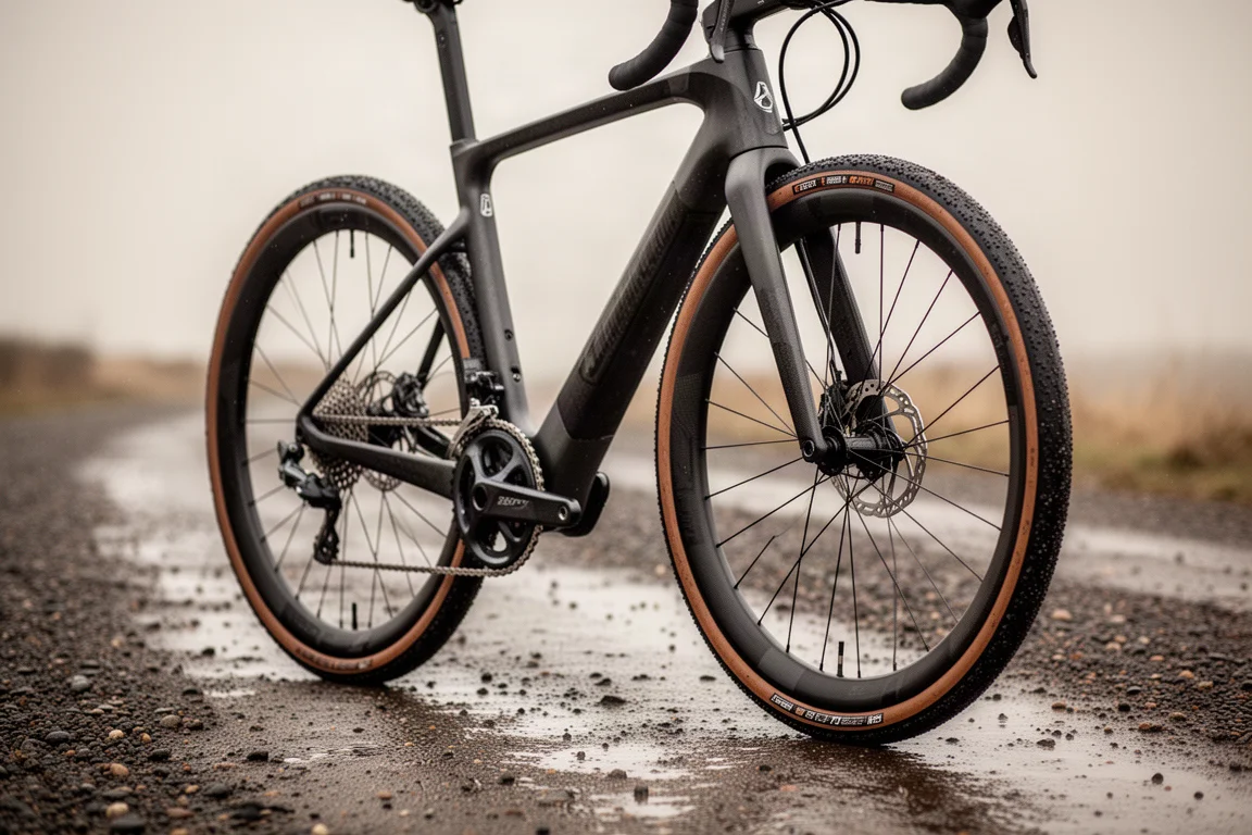 Close-up van een carbon gravelracefiets met verlaagde seatstays en weggewerkte kabels