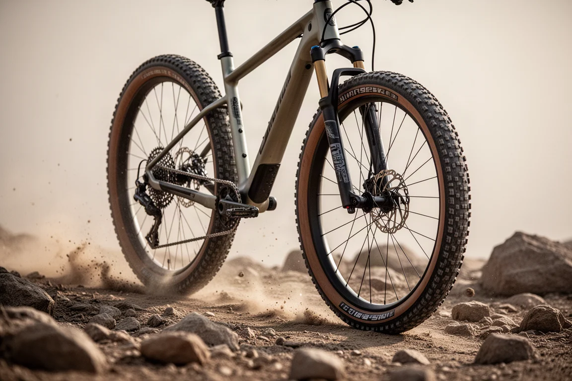 Close-up van een verende voorvork van een gravelbike en brede band op ruw terrein