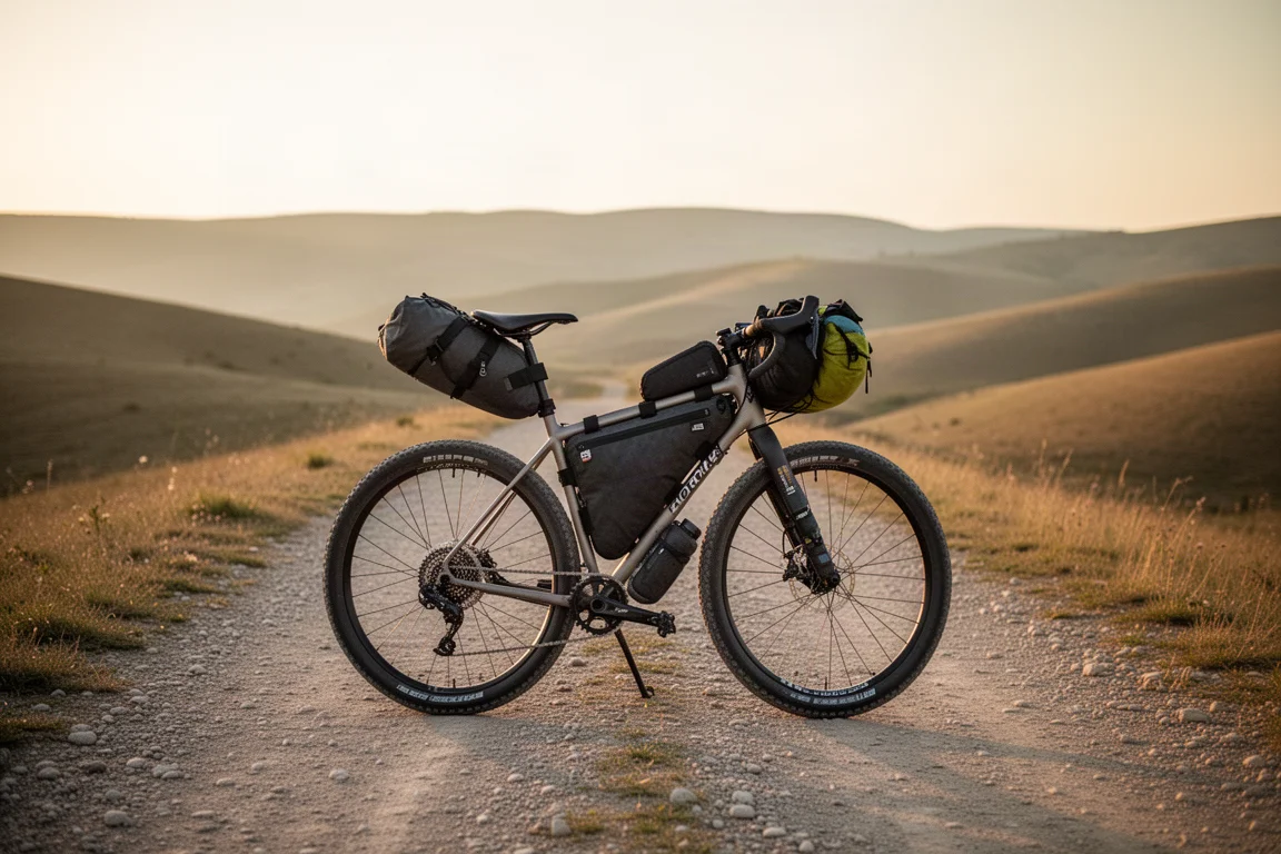 Bepakte bikepackingfiets op een afgelegen pad tijdens het gouden uur