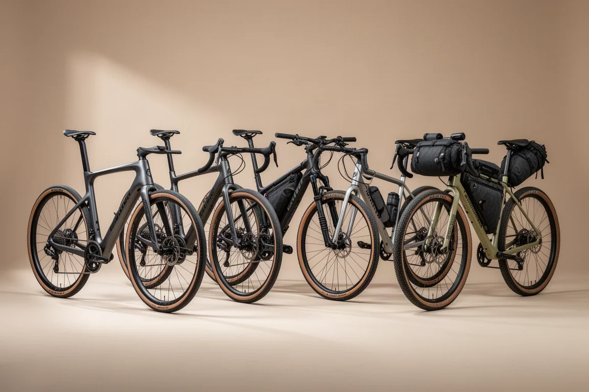 Vijf gravelbikes op een neutrale achtergrond voor een koopgids