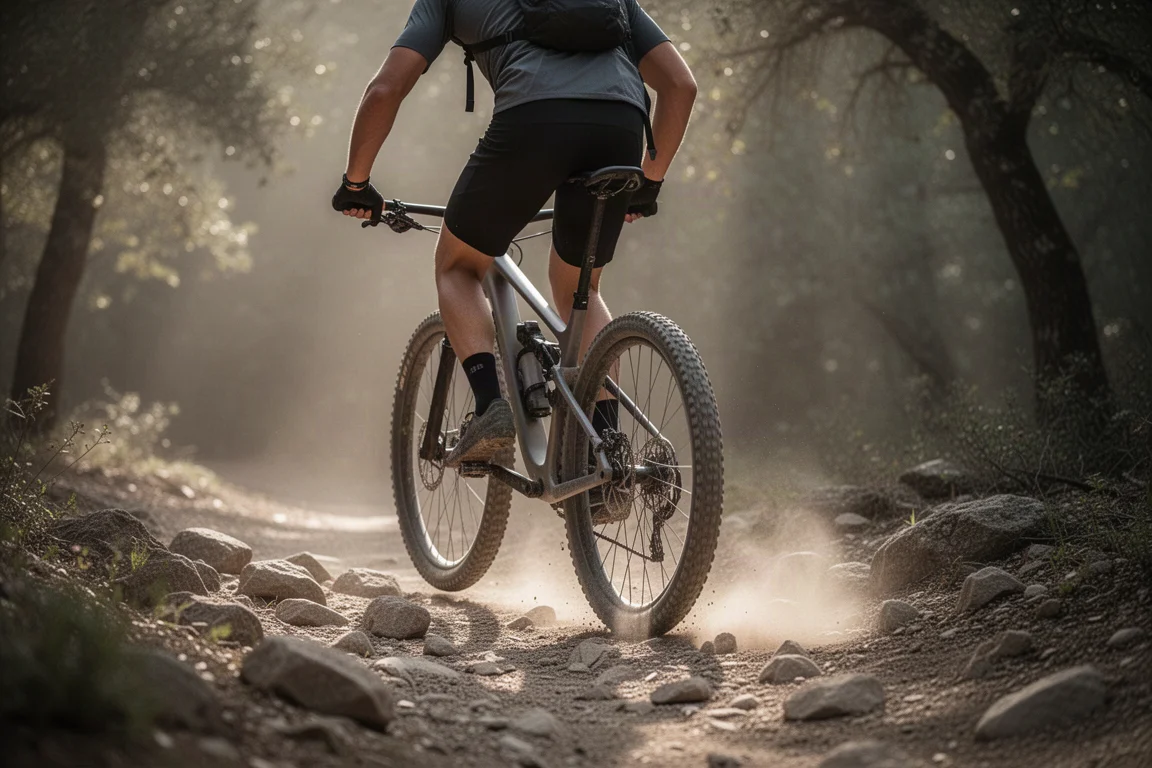 Nahaufnahme eines Vorderreifens eines Gravelbikes auf einem welligen Feldweg