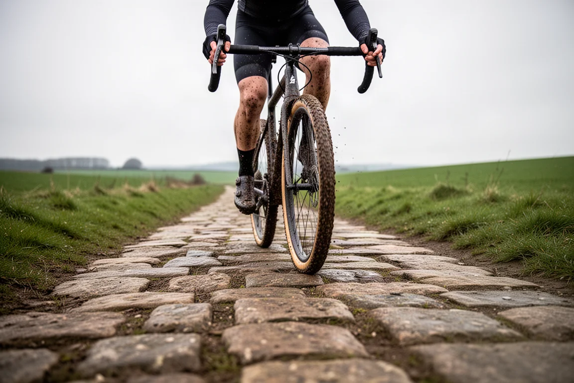 Cycliste gravel roulant sur un chemin de pierre accidenté entre champs ouverts sous un ciel gris