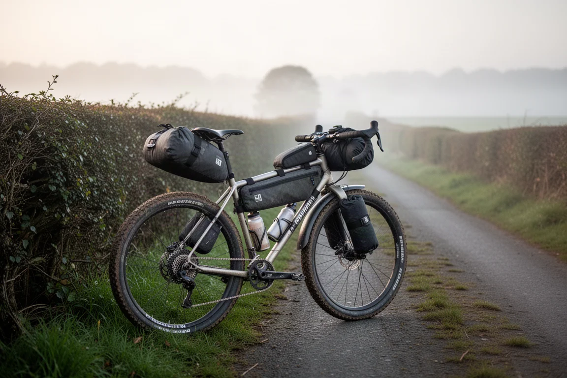 Vélo d'aventure chargé avec sacoches de cadre et bagages sur fourche sur une petite route rurale
