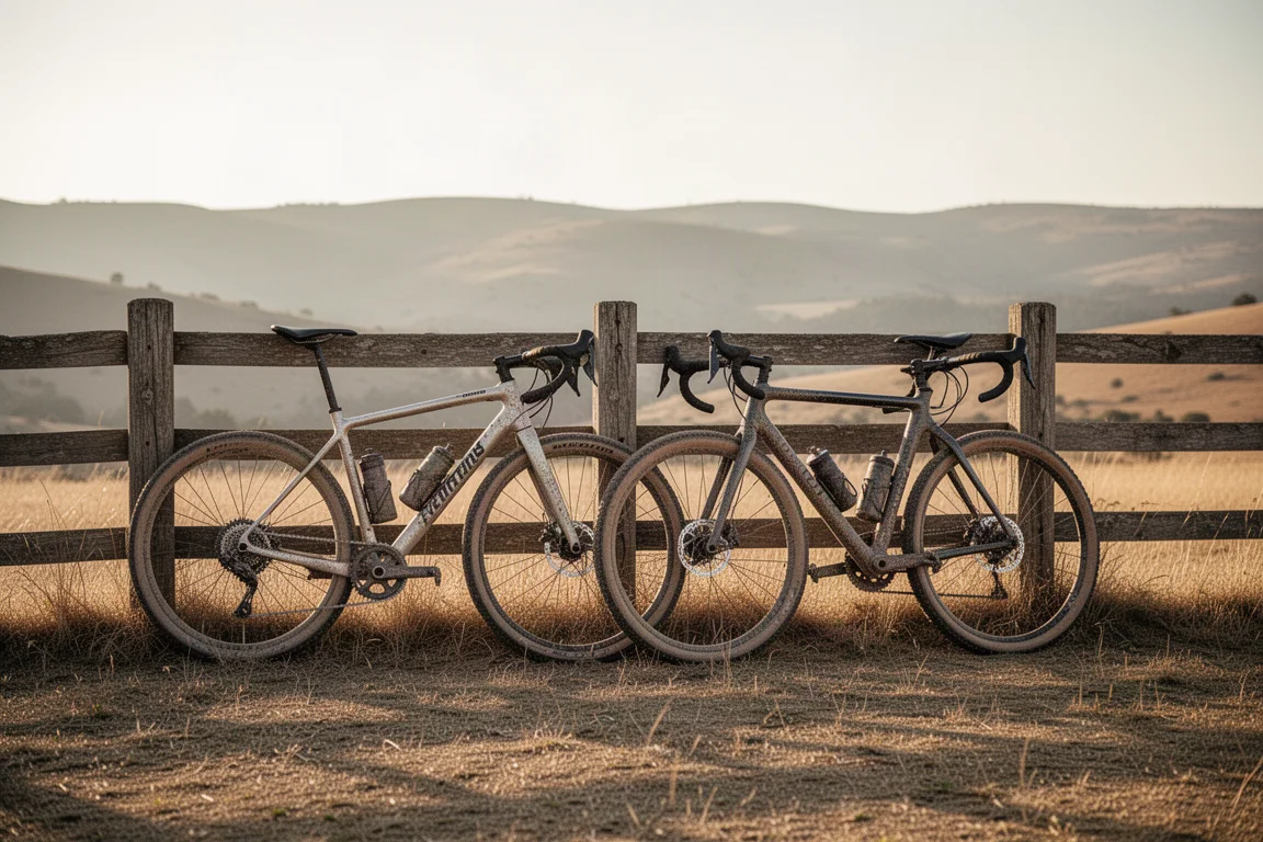 Deux vélos gravel appuyés contre une clôture en bois à la fin d'une sortie