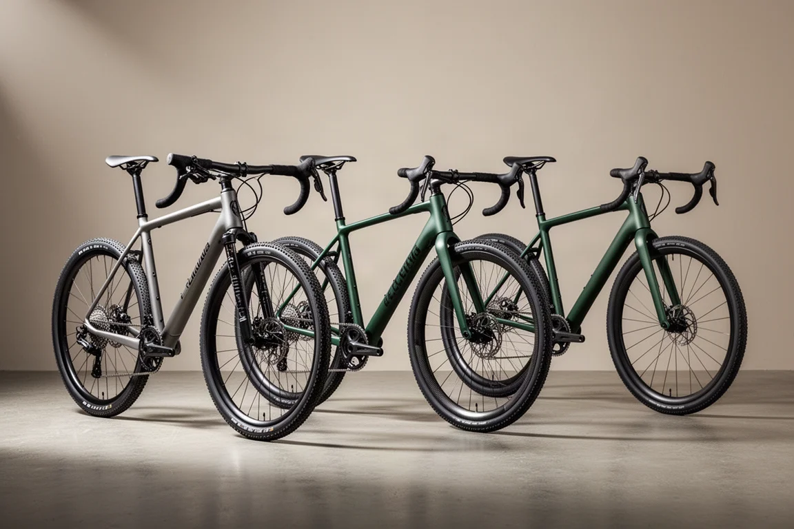 Three gravel bikes lined up on a concrete surface with neutral studio lighting