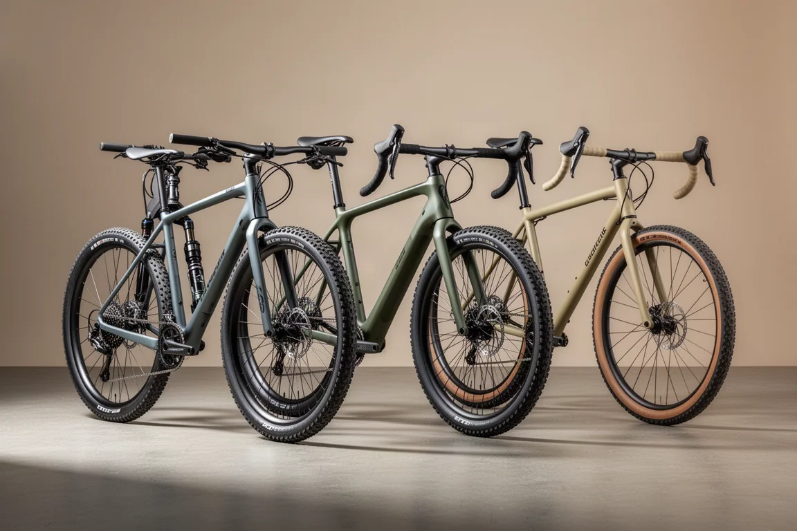Eight gravel bicycles lined up in a staggered row on a neutral studio floor