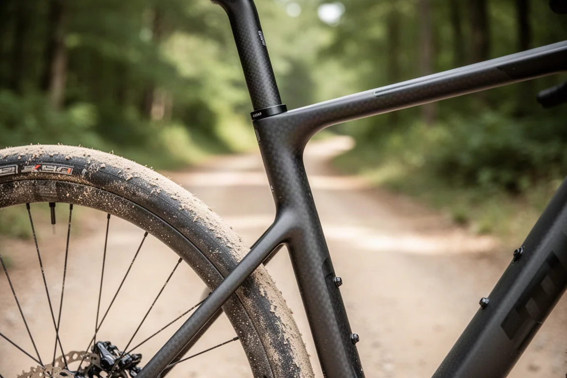 Close-up van de achterdriehoek van een carbon gravelbike en D-vormige zadelpen op een gravelpad