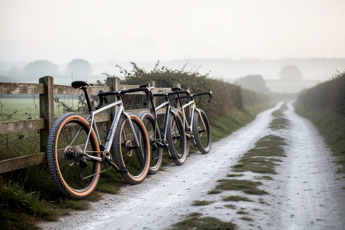 Rij van negen gravelbikes leunend tegen een bakstenen werkplaatsmuur in het ochtendlicht