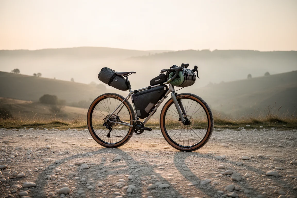 Gravelbike met bikepacking-bagage leunend tegen een droog stapelmuurtje op een landweggetje