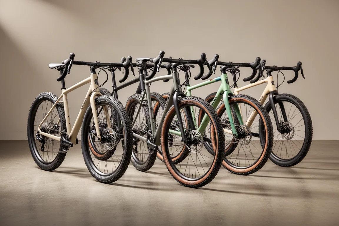 Three gravel bikes with drop bars and knobbly tires lined up on a concrete floor