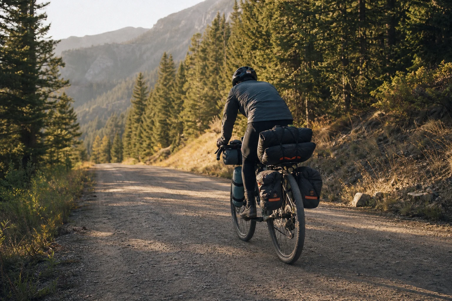 Un adepte du bikepacking sur un vélo de gravel chargé sur un sentier forestier