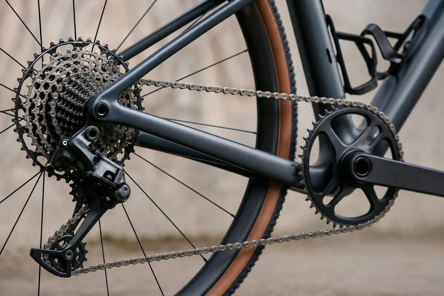 Gros plan sur la transmission et le plateau d'un vélo de gravel