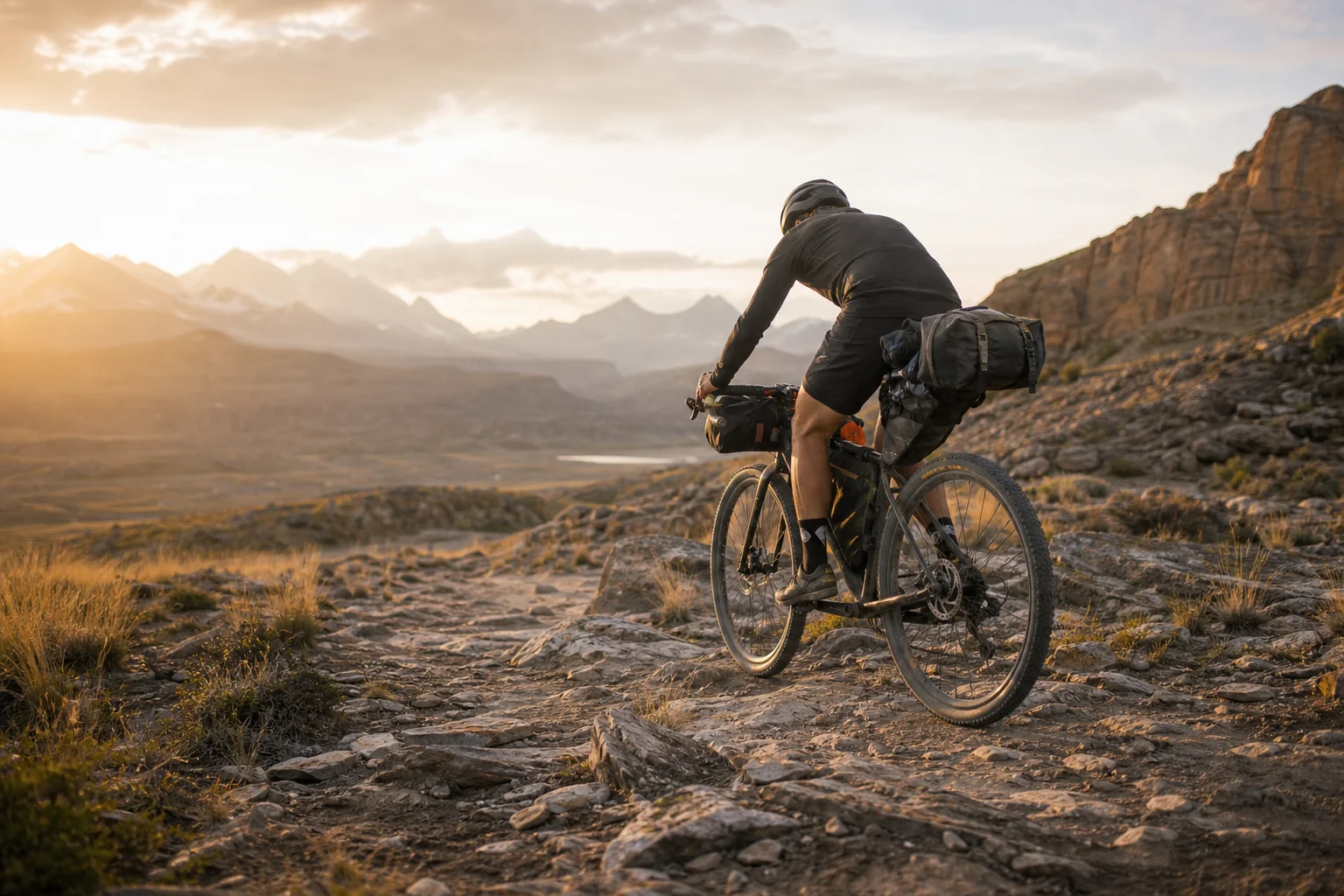 Un cycliste en bikepacking sur un terrain rocheux avec un équipement complet