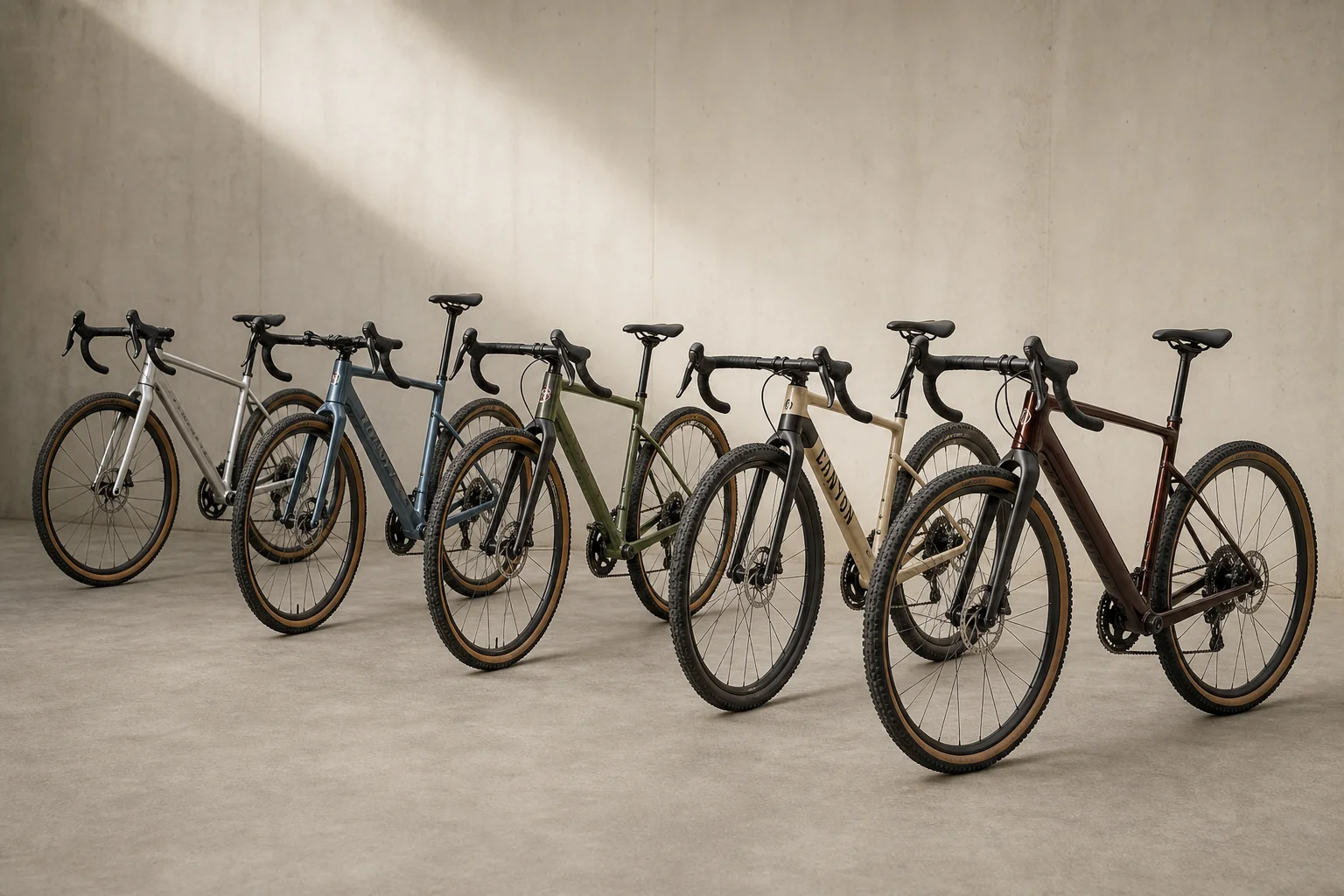 Cinco bicicletas de gravel para bikepacking dispuestas sobre una superficie de hormigón