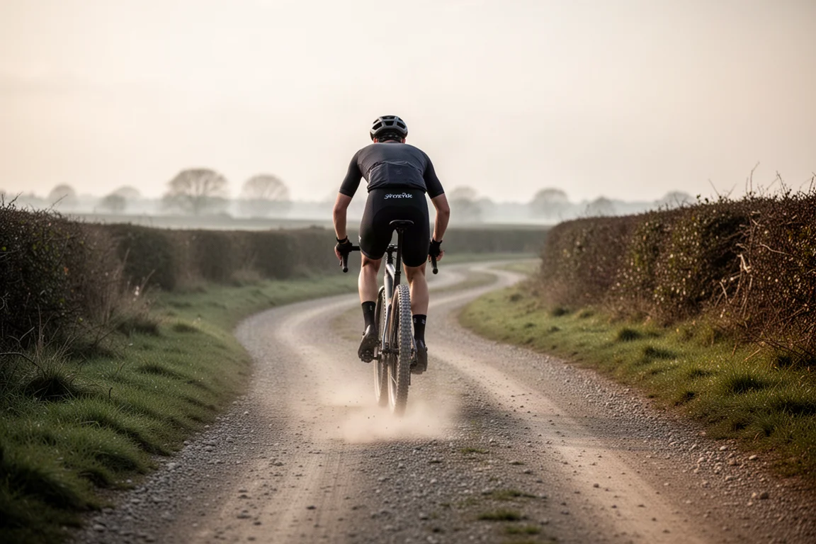Gravel cyclist riding a winding gravel track through farmland in morning light