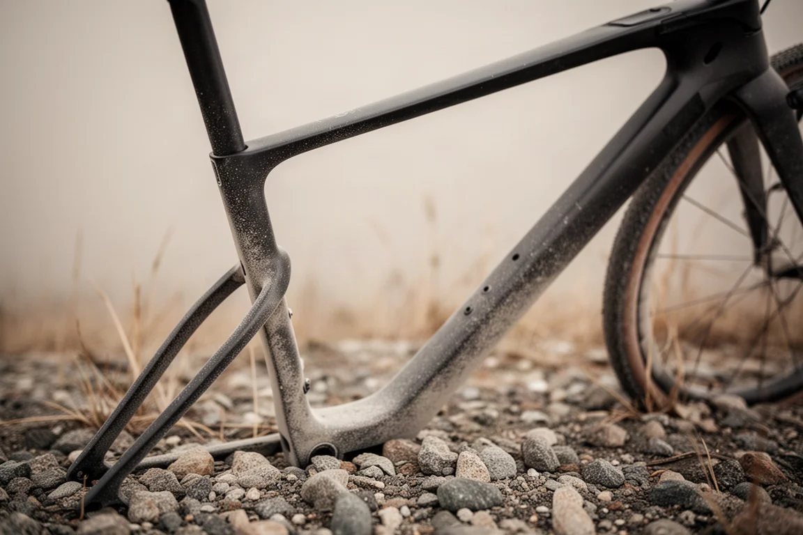 Close-up of a gravel bike rear triangle resting on rough gravel